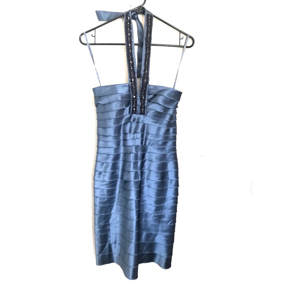 BCBGMaxazria Satin Blue Beaded Midi Cocktail Dress